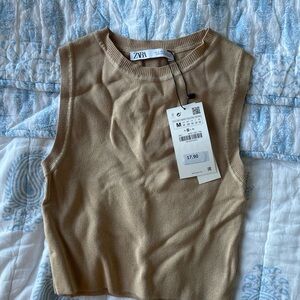 Zara Beige Sleeveless Tank Knit Cropped Top